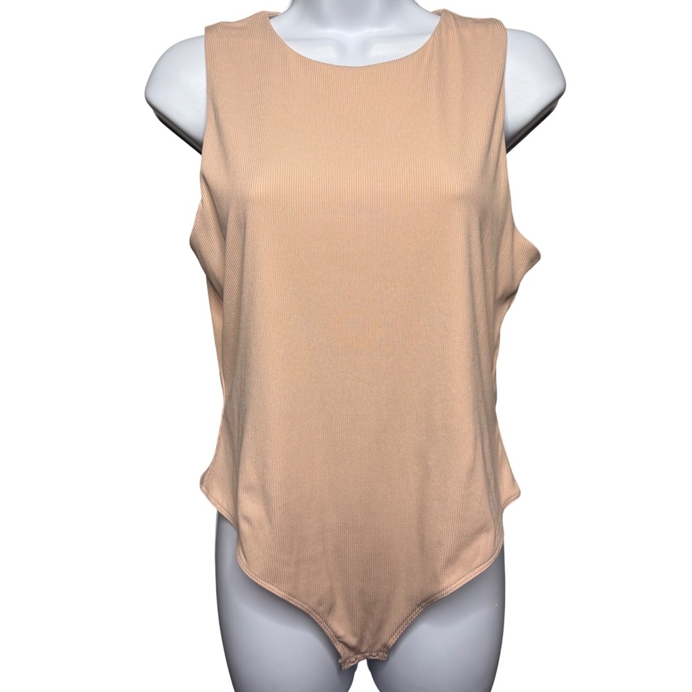 HOUSE‎ OF HARLOW 1960 Womens Peach Sleeveless Bodysuit L Ribbed Minimalist Chic